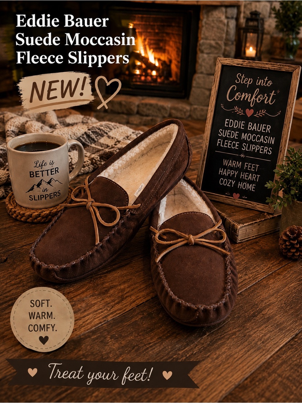 Eddie Bauer Suede Men's Moccasin Fleece Cozy Slippers NEW